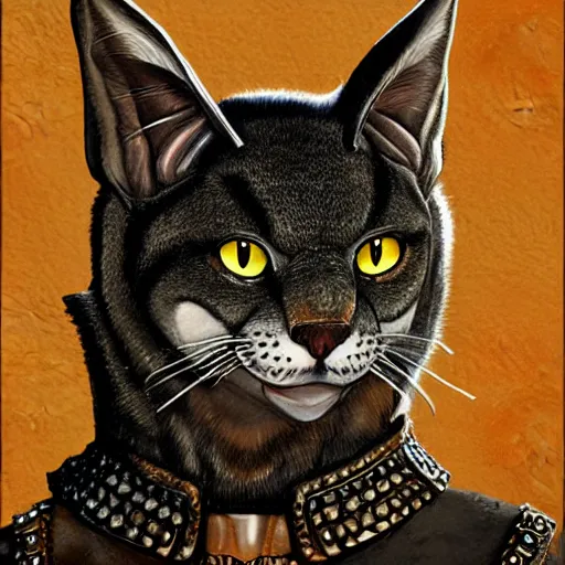 Prompt: d & d style portrait, tabaxi male in studded leather.