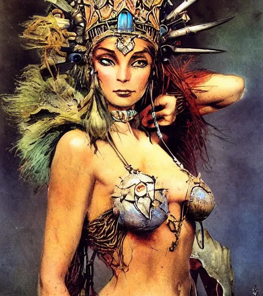 Image similar to empress of the wasteland, scrap metal headdress, strong line, deep color, high contrast, beautiful! coherent! by brian froud, by frank frazetta, low angle