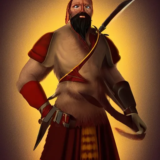 Image similar to dnd render of a man, red, a big black beard, completely golden eyes, 1 curved horn growing out of his forehead, one broken horn groing out of his forehead,