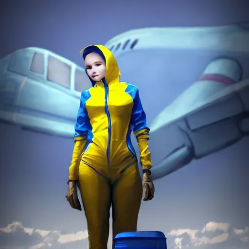 Image similar to ukrainian girl with blue and yellow clothes near big ruined plane, concept art, trending on artstation, highly detailed, intricate, sharp focus, digital art, 8 k