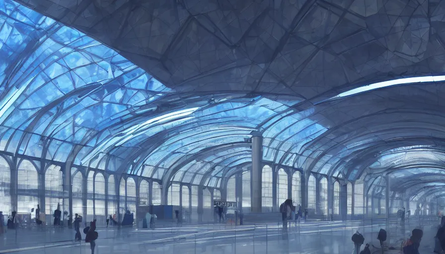 Prompt: futuristic blue glass church train station in brussels, volumetric light, trains, square, hyperdetailed, artstation, cgsociety, 8 k