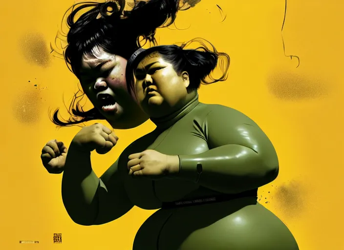 Image similar to duotone olive green gray illustration 3 / 4 portrait of fat woman fighting bruce lee style. dynamic chaotic composition random golden renaissance proportion. author sachin teng and sergei wheelsov and ruan jia and heng z. graffiti art, scifi, sci - fi, hyper detail. octane rendering. concept art. trend on artstation