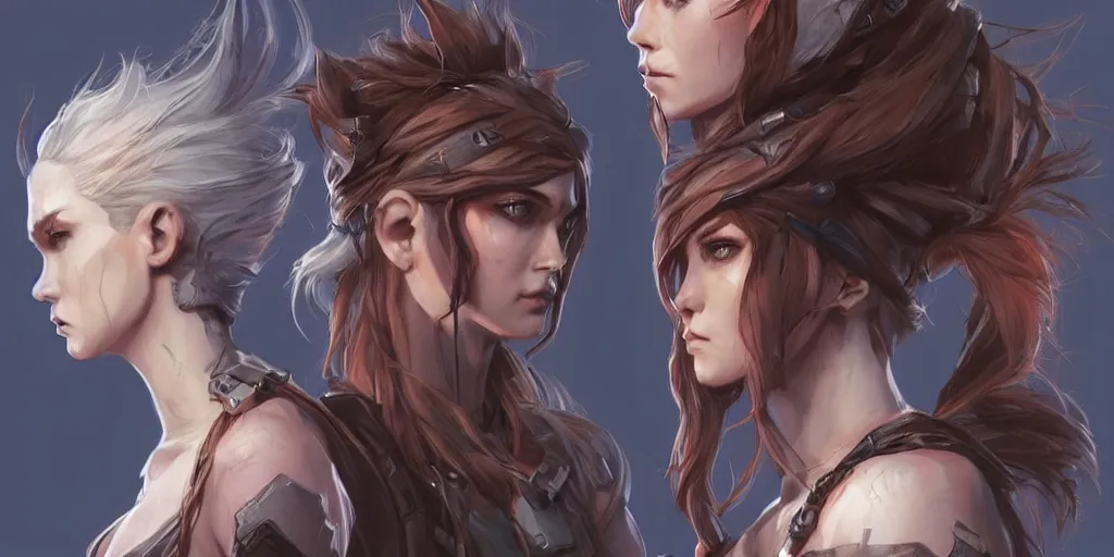 Image similar to concept art of rugged irish female netrunner d & d video game characters head designs, unique hair designs, by marc brunet and artgerm