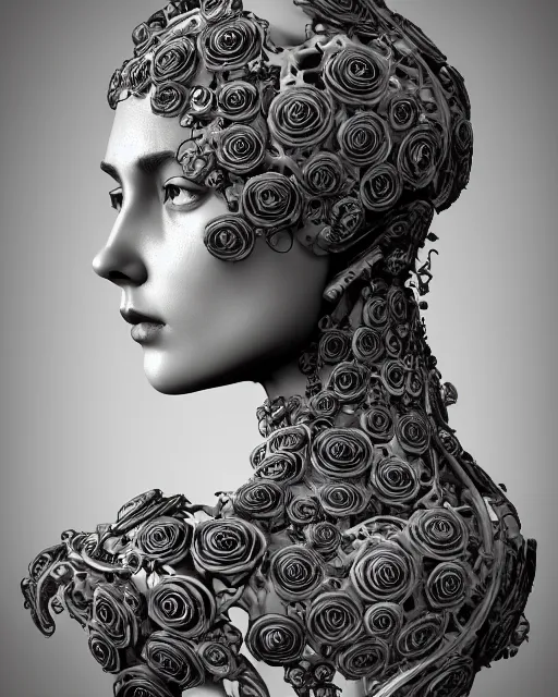 Image similar to mythical dreamy black and white organic bio-mechanical spinal ribbed profile face portrait detail of translucent steampunk beautiful female angelic-human-queen-vegetal-cyborg, highly detailed, intricate trnaslucent ivy jelly ornate, poetic, translucent roses ornate, 3D render, digital art, octane render, 8K artistic photography, photo-realistic, by Dora Maar