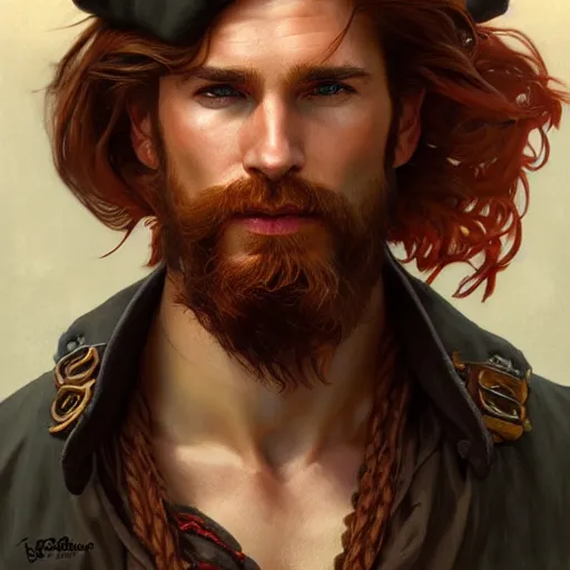 Image similar to portrait of a young ruggedly handsome but charming pirate, male, masculine, upper body, red hair, long hair, d & d, fantasy, intricate, elegant, highly detailed, digital painting, artstation, concept art, matte, sharp focus, illustration, art by artgerm and greg rutkowski and alphonse mucha