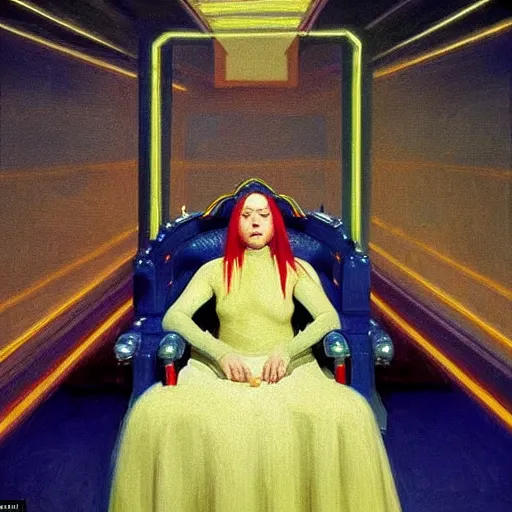 Prompt: closeup : billie eilish as the empress of the universe sits on stellar throne, concept art for a scifi film. by edward hopper. sharp focus, cinematic atmosphere, detailed and intricate, perfect anatomy, meticulous detail