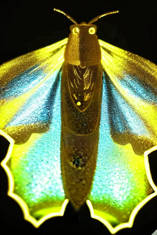 Image similar to high quality close-up photo gothic pearlescent moth! jewelled gorgeous! highly detailed david ligare elson peter cinematic yellow neon lighting high quality low angle hd 8k sharp shallow depth of field