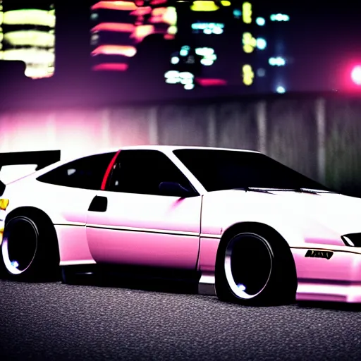 Image similar to a car 300ZX turbo drift at illegal car meet, Chiba prefecture, city midnight mist lights, cinematic lighting, photorealistic, highly detailed wheels