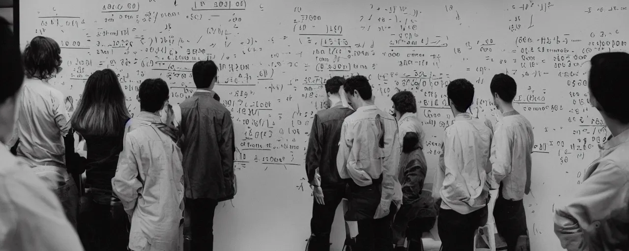 Image similar to mathematicians standing around a chalkboard solving an equation about spaghetti, detailed facial expression, canon 5 0 mm, cinematic lighting, photography, retro, film, kodachrome