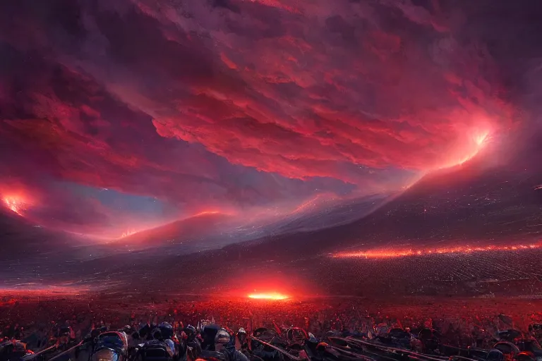 Image similar to meteors fall from the red sky upon a burning football stadium, crowds panic, cinematic lighting by jessica rossier