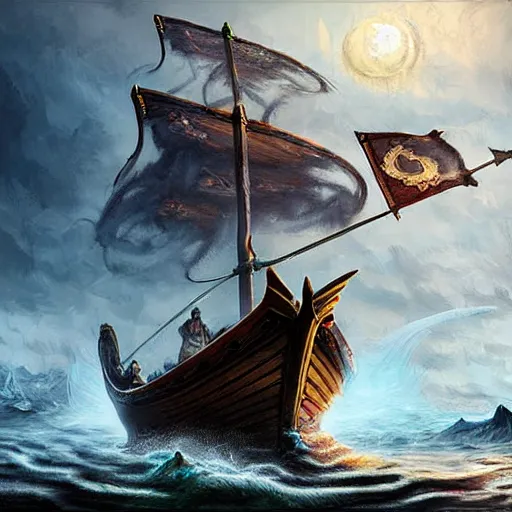 Image similar to epic viking ship, centered in picture, epic fantasy, detailed, intricate, digital painting, concept art, realistic, smooth, focus, rim light