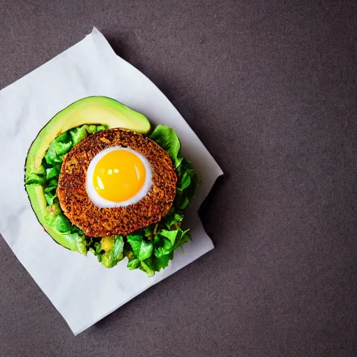 Image similar to juicy vegan hamburger topped with avocado and onion and a vegan fried egg, crispy buns, 8 k resolution, professional food photography, studio lighting, sharp focus, hyper - detailed