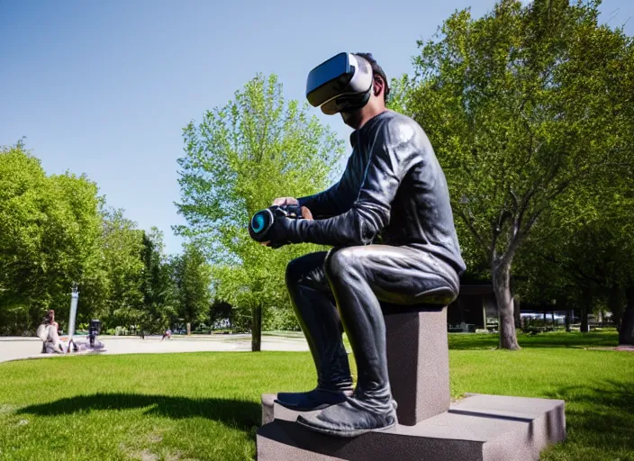 Image similar to photo still of a bronze statue of a man gaming in vr in a park on a bright sunny day, 8 k 8 5 mm f 1 6