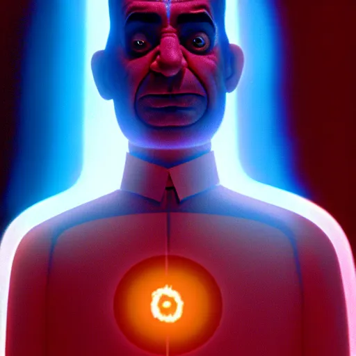 Image similar to mr. bean as doctor manhattan. movie still. cinematic lighting.