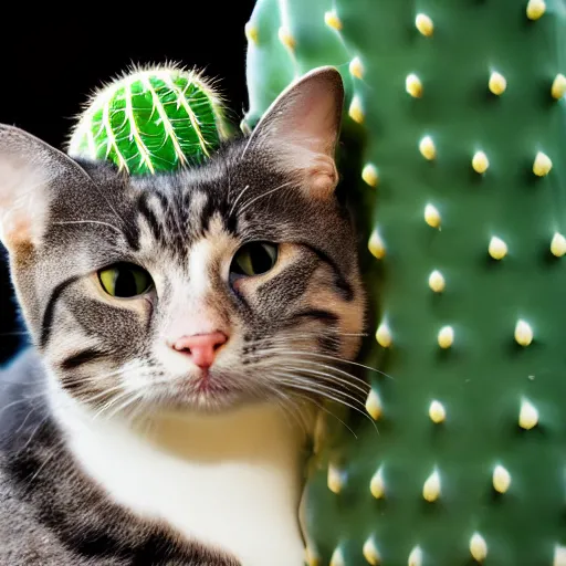 Image similar to A photograph of a cat licking a cactus, close view, studio lighting, DSLR, bokeh