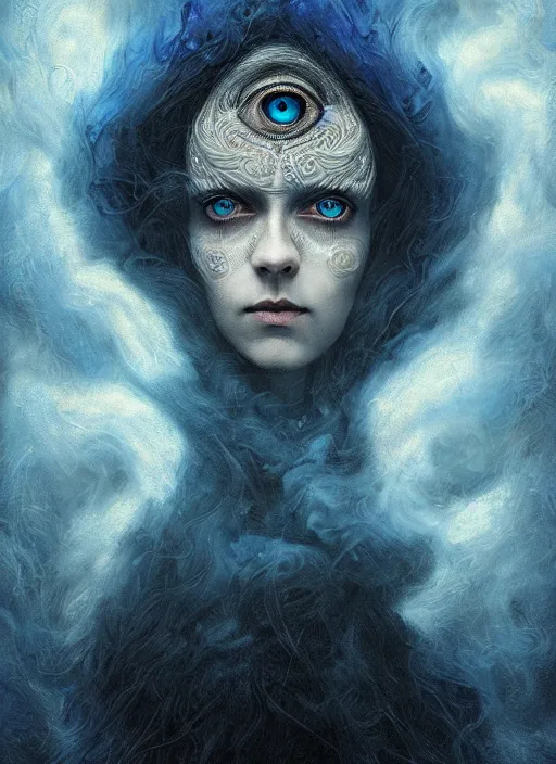 Image similar to Her huge ominous glowing blue eyes staring into my soul , realistic face, intricate stunning highly detailed, Seb McKinnon , agostino arrivabene, WLOP, twisted dark lucid dream, 8k portrait render, raven wings, swirling thick smoke , beautiful lighting, dark fantasy art, cgsociety