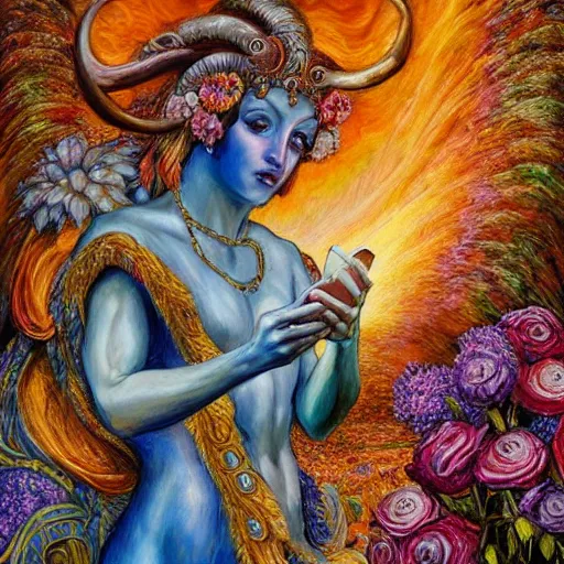 Image similar to painting by josephine wall, goddess with horns of a ram, checking her cell phone, erupting volcano in distance, sunset, flowers in foreground, zodiac, fantasy, acrylic on canvas, intricately detailed, highly detailed, high resolution, hdr, 8 k, by senior concept artist, trending on artstation