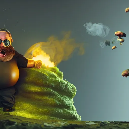 Image similar to highly detailed octane render of a short ugly fat man with a giant beard and wearing armour, goggles and a safety hat whilst laughing at a green mushroom cloud surrounded by dead insects in a cave