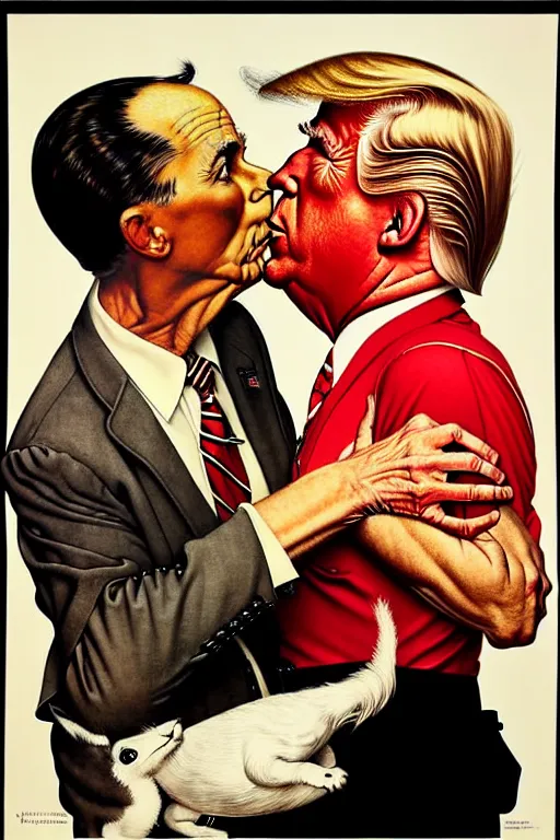 Image similar to norman rockwell painting of donald trump kissing donald trump