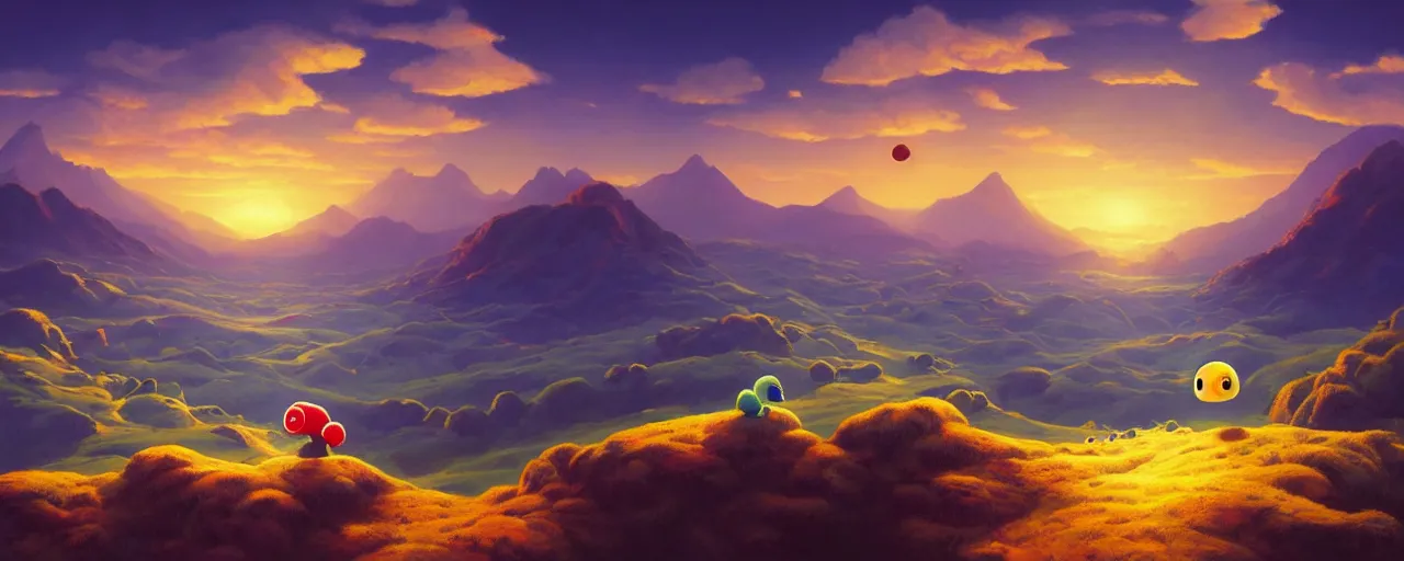 Image similar to detailed round pacman, with ghosts, in a beautiful nature landscape with clouds, mountains, in background, sunset, by rhads, pacman, detailed, coherent