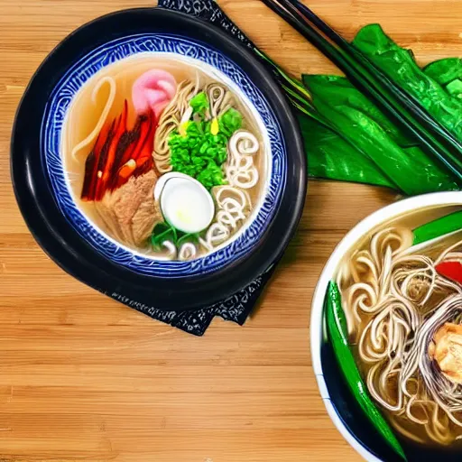 Prompt: flatlay realistic photo of delicious pho, ramen, highly detailed, natural light, 8 k hd, award winning