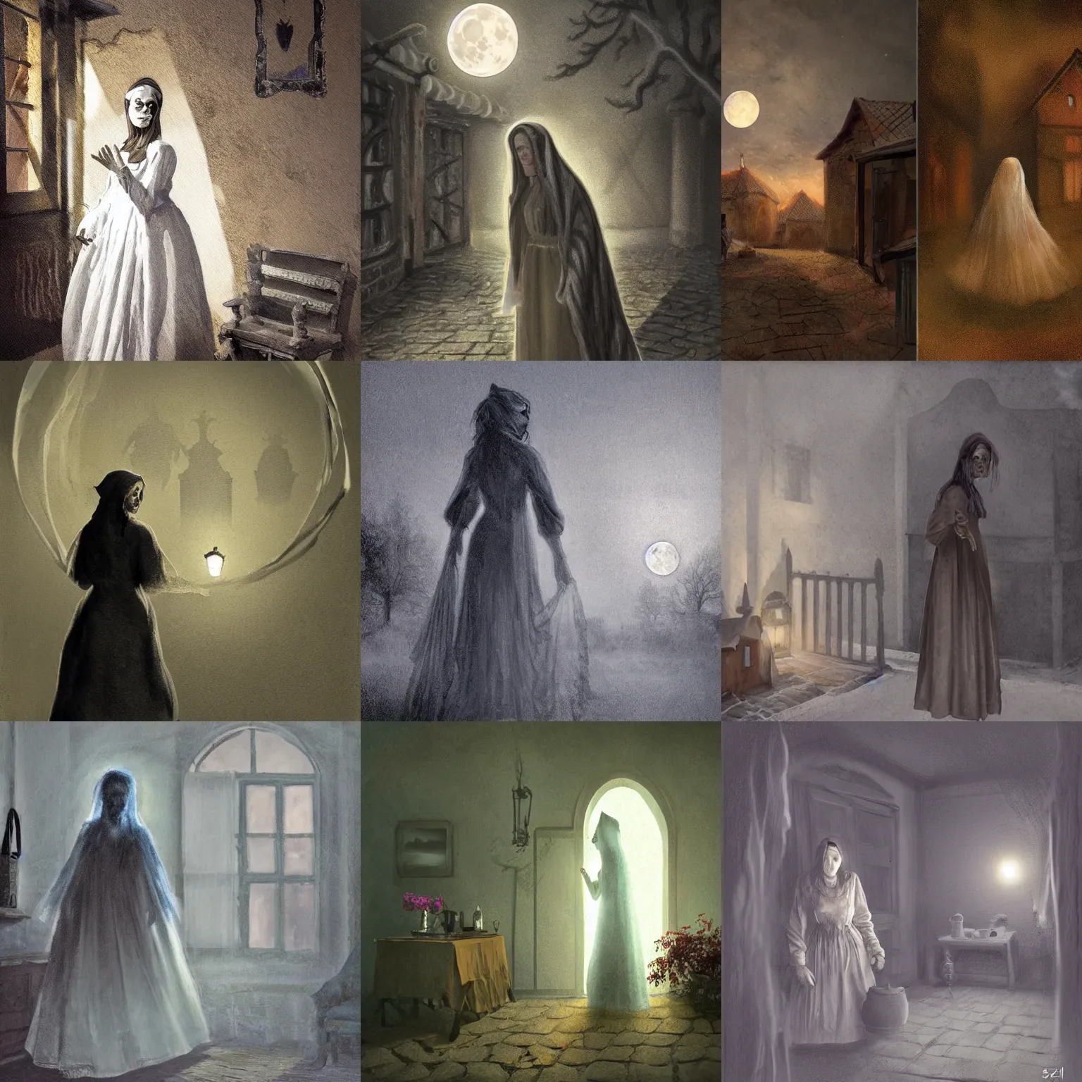 Prompt: character concept art of ghost woman, the background is a 1 9 th century, old hungarian village house. atmoshperical, midnight, moon lighting, realistic, highly detailed, shadows, mysterious, oil canvas, digital art by szinyei merse pal, mednyanszky laszlo, meszoly geza, and lotz karoly