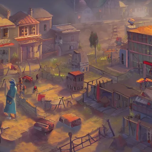 Prompt: large town, game concept art, illustration,