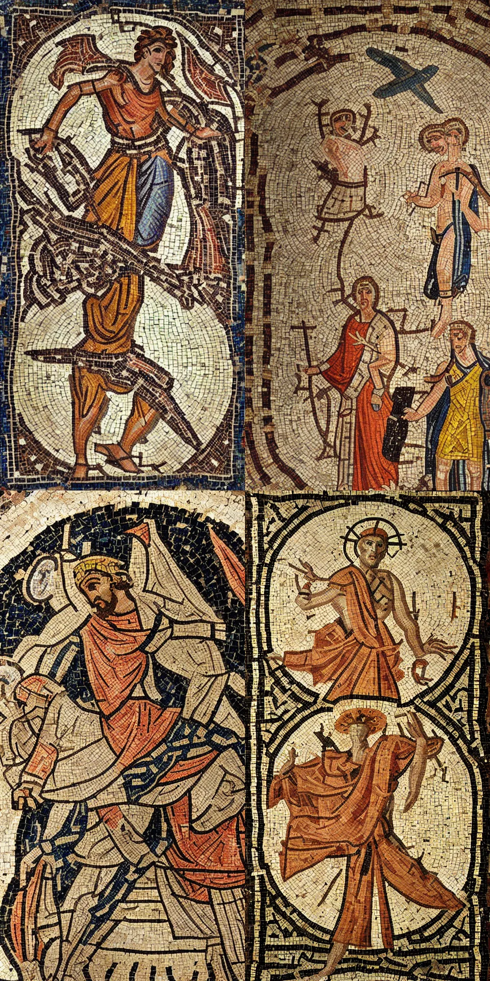 Prompt: roman mosaic depiction of a ufo abducting romans