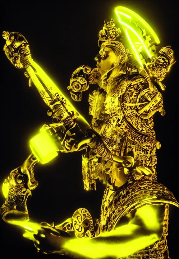 Image similar to Studio Photo of a Golden Aztec Warrior, Tribal Magic, Glowing Neon