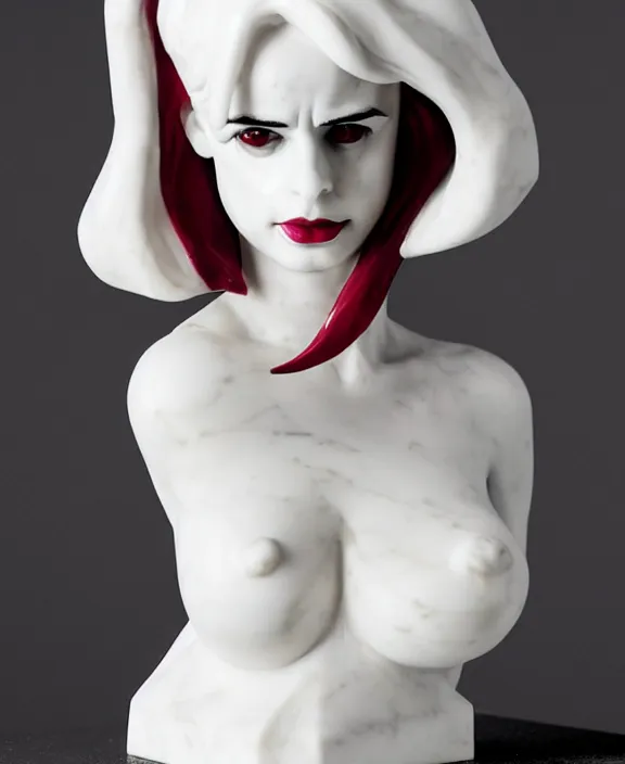 Prompt: a white modern marble and ruby sculptural bust of krysten ritter as harley quinn, delicate, intricate, smooth, beautiful, by charles van der stappen