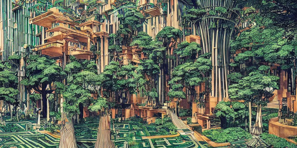 Prompt: masterpiece, graphic illustration of afro futurist florence courtyard designed by by frank lloyd wright architect, plants and trees on walkways low buildings, green energy, bicycles,, bill sienkiewicz, giant agapanthus flower from buildings wide angle, insanely detailed and intricate