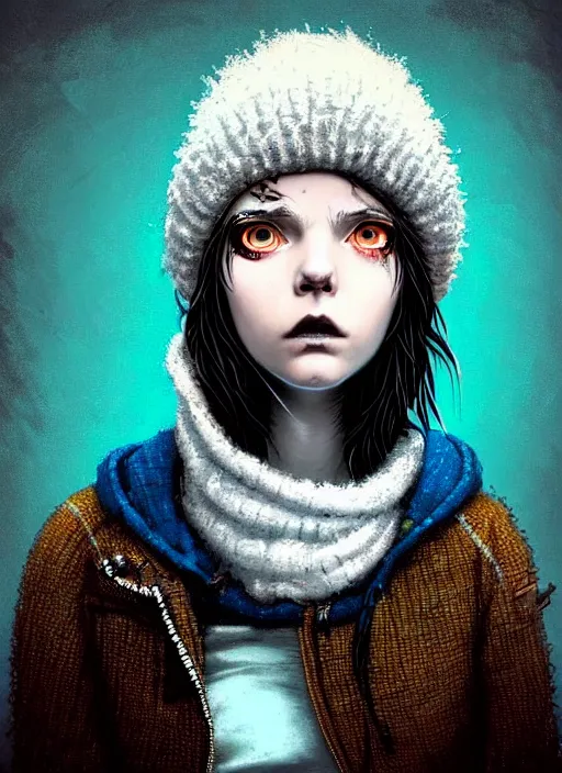 Prompt: highly detailed closeup portrait of a sewer punk lady student, beanie, harris tweed hoodie, blue eyes, frosty white hair by atey ghailan, by greg rutkowski, by greg tocchini, by james gilleard, by joe fenton, by kaethe butcher, gradient, blue, black, brown and cream color scheme, grunge aesthetic!!! white graffiti tag wall background