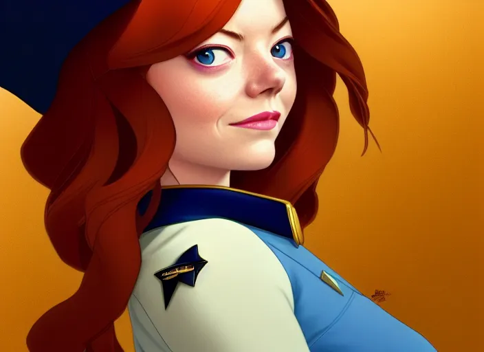 Image similar to a disney film still of emma stone as a star trek officer, finely detailed features, closeup of the face, perfect art, dusk, blue hour, gapmoe yandere grimdark, trending on pixiv fanbox, painted by greg rutkowski, makoto shinkai, takashi takeuchi, alphonse mucha, akihiko yoshida