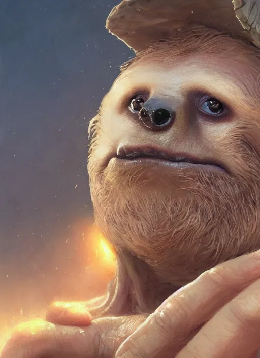Prompt: highly detailed portrait of sloth from the goonies, realistic, cinematic adventure, fantasy art by greg rutkowski, stanley artgerm, loish, rhads, tom bagshaw, global illumination, radiant light, detailed and intricate environment