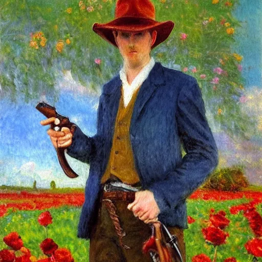 Prompt: an impressionist painting of a tall man with blue eyes and brown hair that is wearing a wide brim leather hat and a leather vest. He is holding a revolver in his left hand and a red rose is in his right hand. He is standing in a field of roses. Blue sky in the background