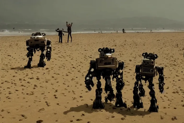 Image similar to cinematography evil demon robots climbing out of the sand on the beach in Santa Monica by Emmanuel Lubezki