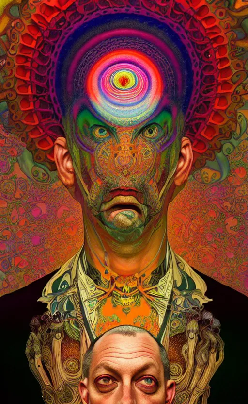 Prompt: An extremely psychedelic portrait of larry harvey, colorful, surreal, dramatic lighting, magic mushrooms, psilocybin, LSD, face, detailed, intricate, elegant, highly detailed, digital painting, artstation, concept art, smooth, sharp focus, illustration, art by Krenz Cushart and Artem Demura and alphonse mucha