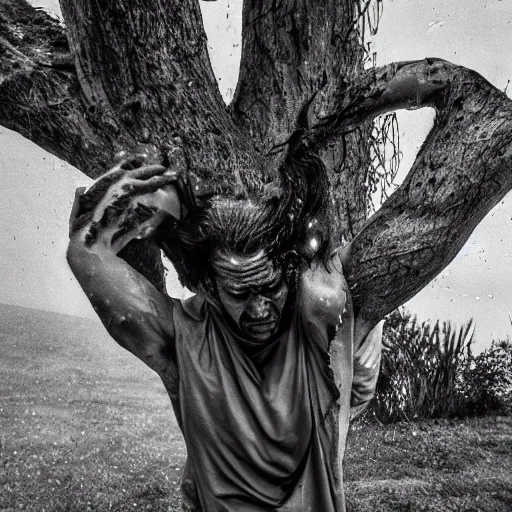 Image similar to The performance art shows a man caught in a storm, buffeted by wind and rain. He clings to a tree for support, but the tree is bent nearly double by the force of the storm. The man's clothing is soaked through and his hair is plastered to his head. His face is contorted with fear and effort. magenta by Alexej von Jawlensky, by Jamie Hewlett unplanned, defined