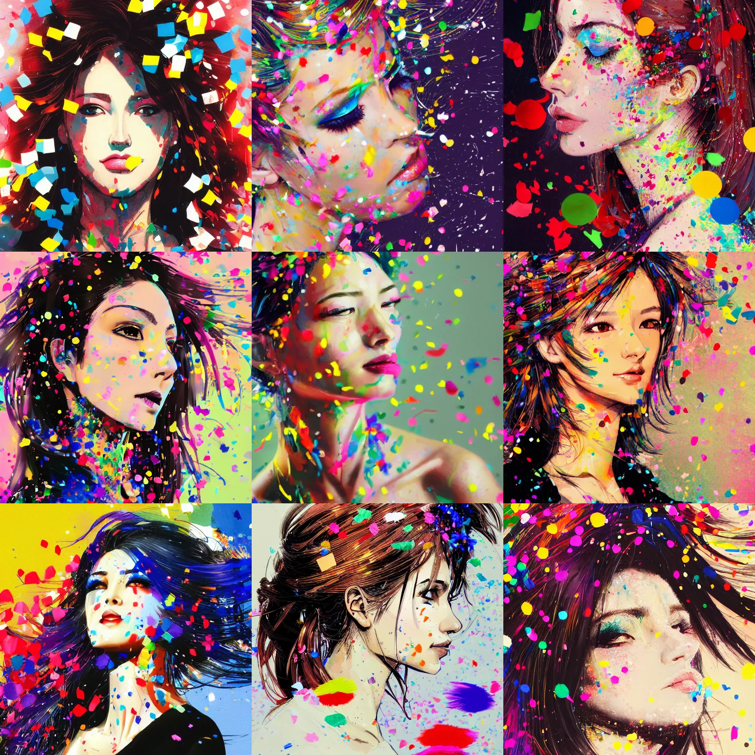 Prompt: a beautiful side portrait painting of a woman. colorful confetti emerge from her hair, covering almost all of her head. art by yoji shinkawa and, trending on artstation.