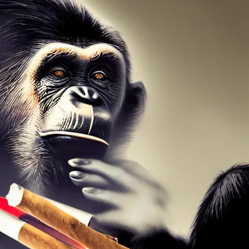 Image similar to a high detail photo of donald trump smoking a cigarrette, subject= chimp, subject detail: extremly detailed, subject action: smoking a cigar, photorealism, dramatic lighting, award winning photograph, trending on artstation