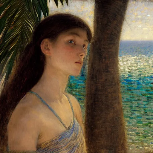 Prompt: a ultradetailed beautiful painting of a girl in the amazonas palace balustrade designed by jules bastien - lepage, hans belmer, frank weston and gustave baumann, beach, trending on artstation, mediterranean, palm trees, detailed face, sharp focus, soft light, 8 k 4 k