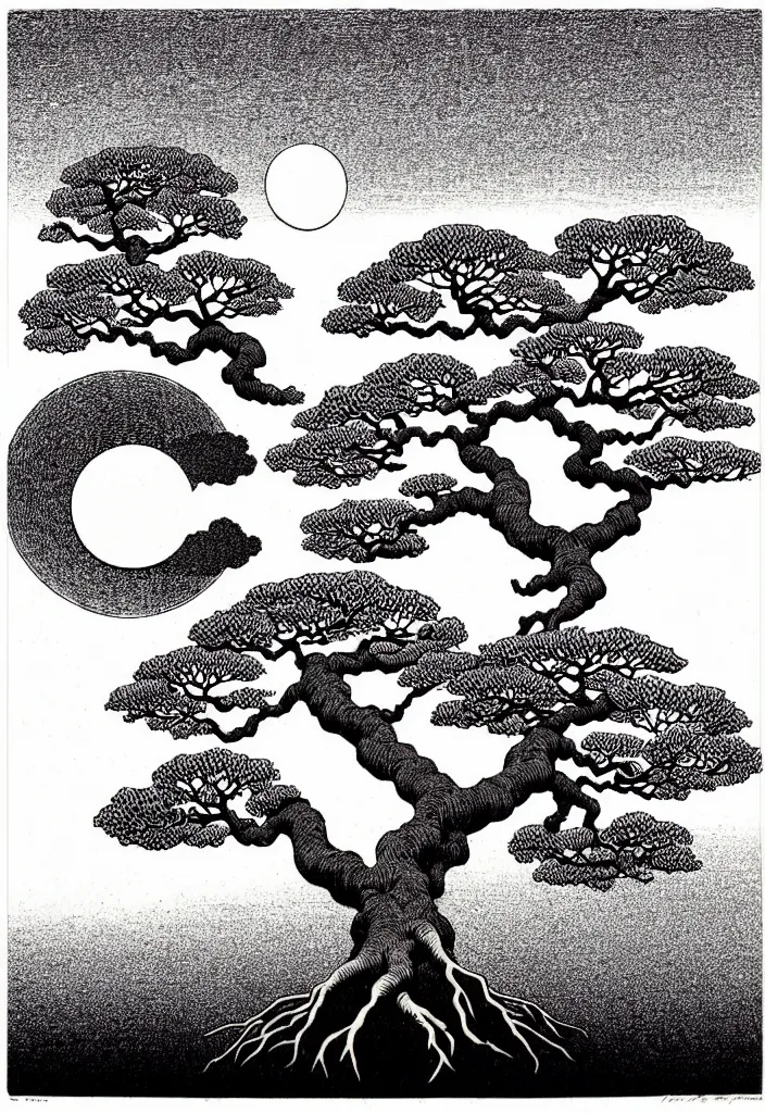 Image similar to prompt: white Bonsai tree roots merging into big moon drawn by Rene Magritte, Japanese woodblock print style, clean ink detailed line drawing, intricate detail, manga 1990