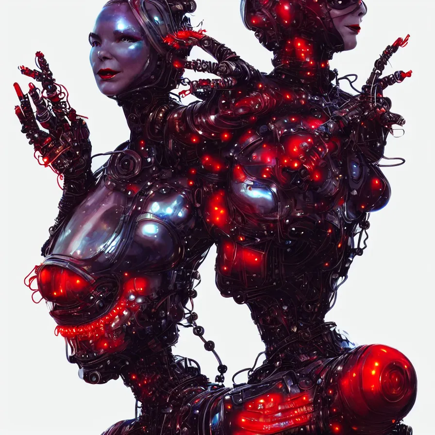 Prompt: bjork in form of catwoman, vogue, red biomechanical, inflateble shapes, wearing epic bionic cyborg implants, masterpiece, intricate, biopunk futuristic wardrobe, highly detailed, artstation, concept art, background galaxy, cyberpunk, octane render