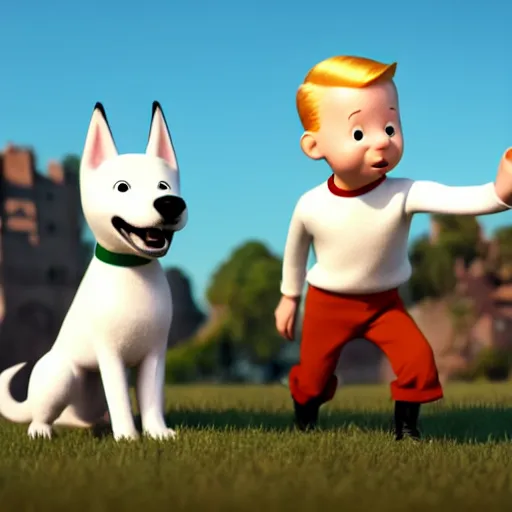 Image similar to tintin and his tiny white fox terrier, depicted as a pixar character, high quality cg render, 8 k