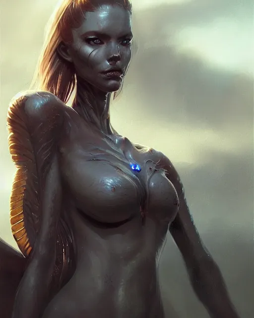 Image similar to a beautiful female alien posing on a car, beautiful face, highly detailed face, close - up, fantasy art, female art, in the style of greg rutkowski, illustration, epic, fantasy, intricate, hyper detailed, artstation, concept art, smooth, sharp focus, ray tracing