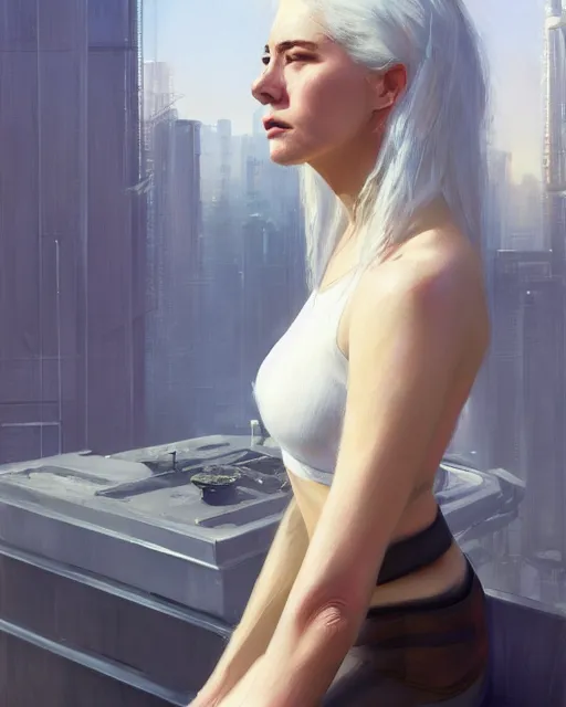 Prompt: a white haired woman sitting on top of a skyscraper wearing a crop top, medium shot, digital expressive oil painting, by jeremy lipking, by wlop, by studio ghibli, cyberpunk