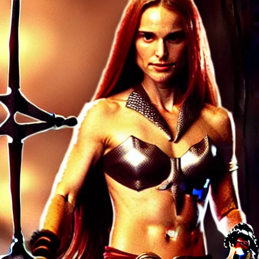 Prompt: natalie portman as red sonja, fight scene