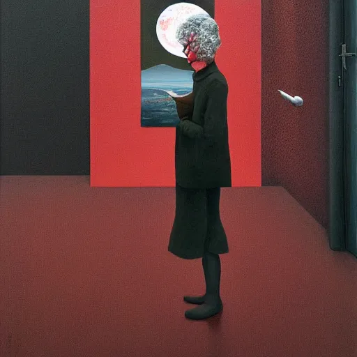 Image similar to a naive woman talks to a phantasmagoric robot, red room from twin peaks, oil on canvas anime poster by Stina Persson and Aron Wiesenfeld