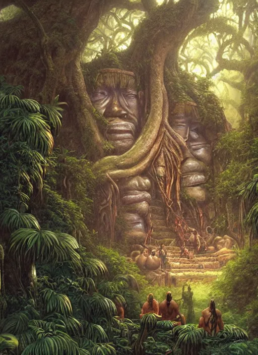 Prompt: a shaman sitting in the jungle, with giant faces of ancestors behind him, hyper detailed, art by christophe vacher