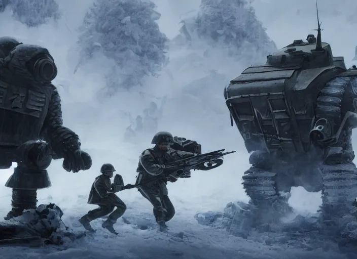 Prompt: still of soviet soldiers fighting against giant nazi monstrous robot in world war two eastern front setting, dieselpunk, winter concept art, artstation, stephen bliss, unreal engine, game screenshot